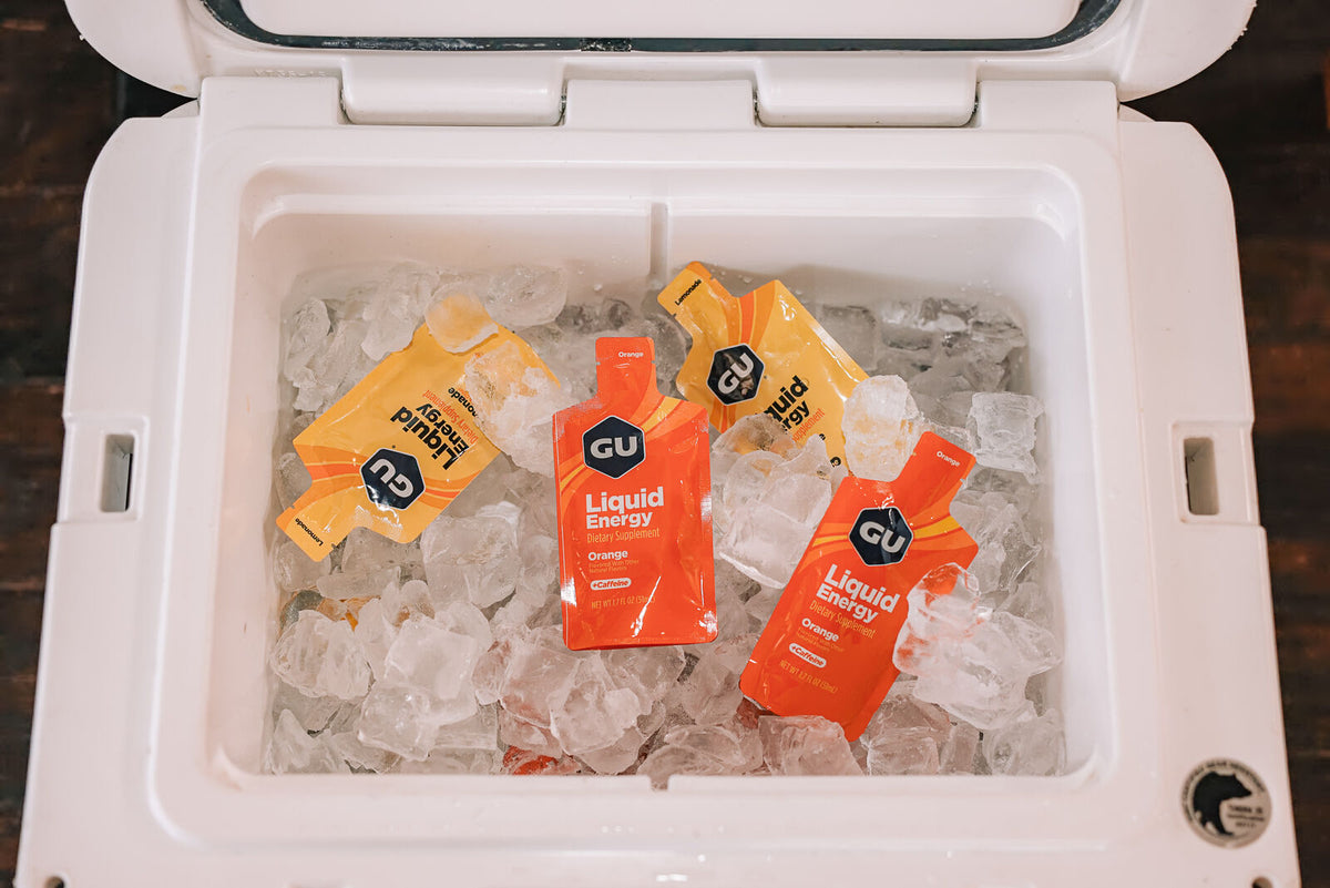 GU Liquid Energy Gels in a cooler with ice