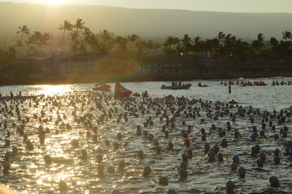 hundreds of swimmers in the ocean