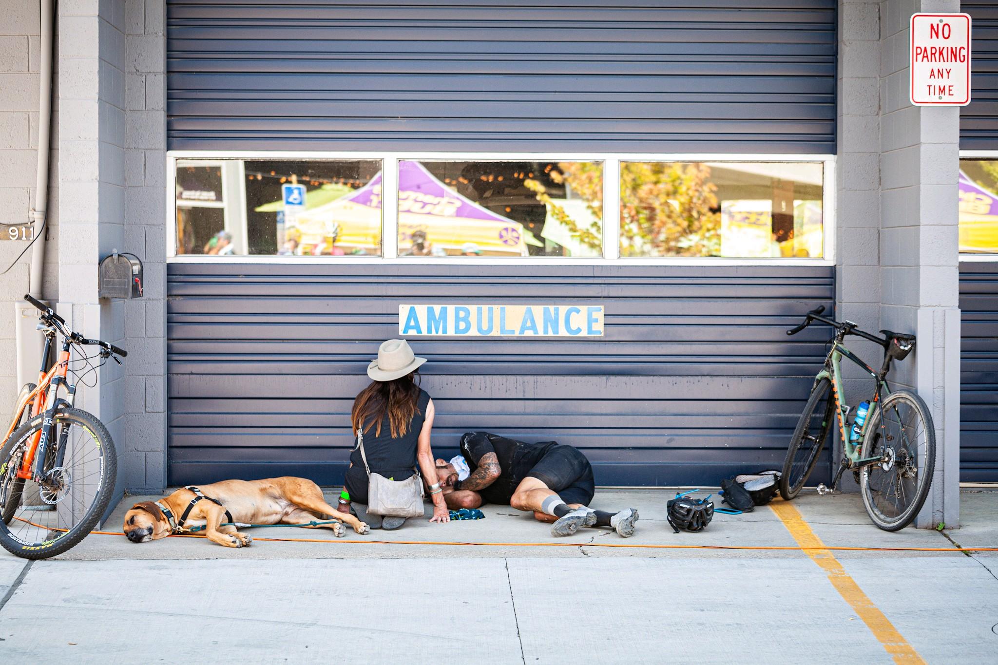 Cyclist lying down after race