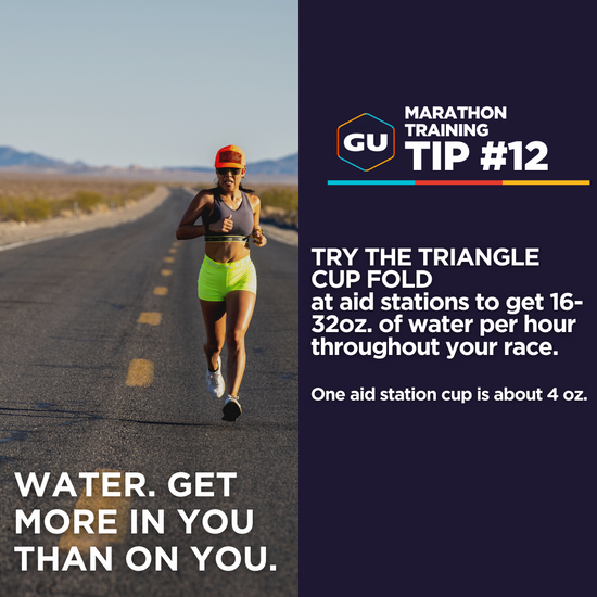 Marathon Tip #12. Try the triangle cup fold at aid stations to get 16-32oz of water per hour throughout your race. One cup is about 4oz