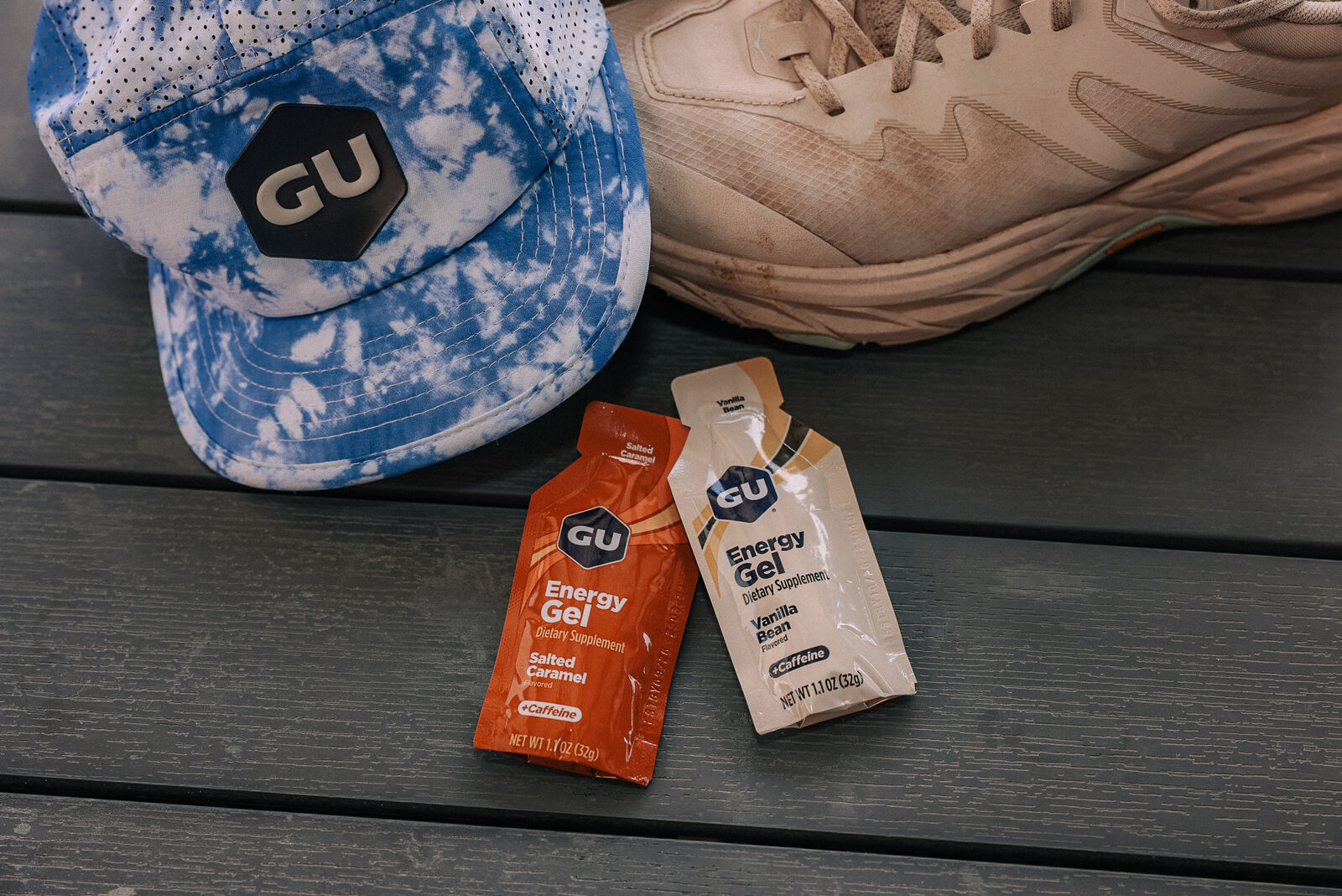 Salted Caramel and Vanilla Bean Energy Gels with a GU hat