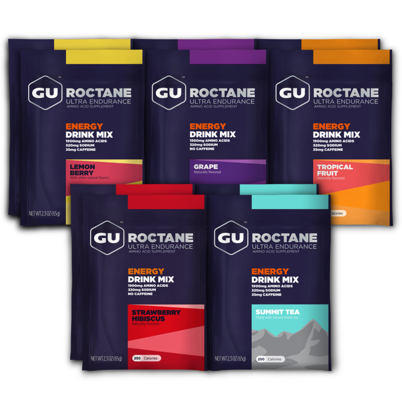 Mixed Box of Roctane Energy Drink Mix. Lemon Berry, Grape, Tropical Fruit, Strawberry Hibiscus, Summit Tea. 2 single-serving packets of each flavor.